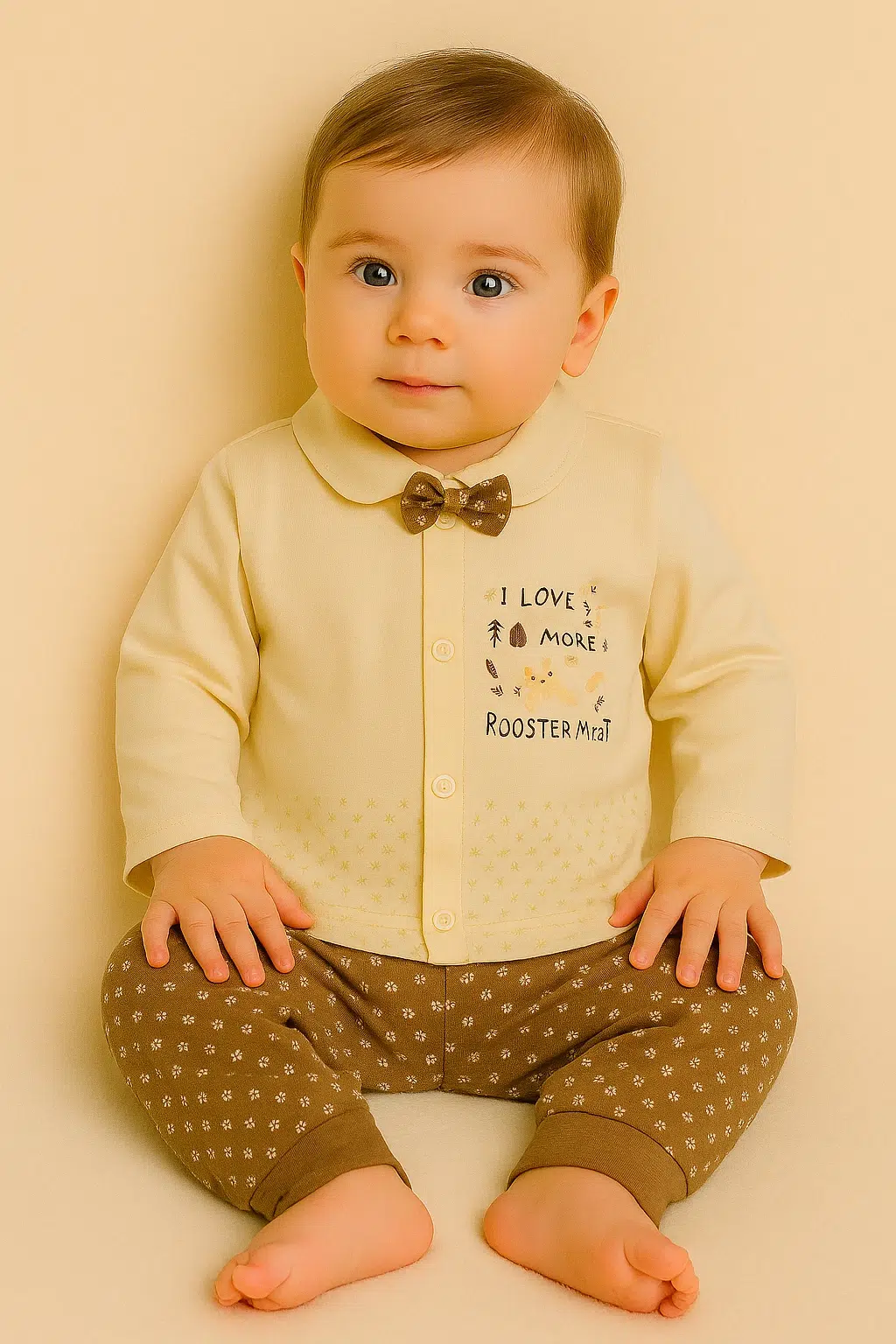 نوزاد با لباس کرم و شلوار قهره ای بیبی ست