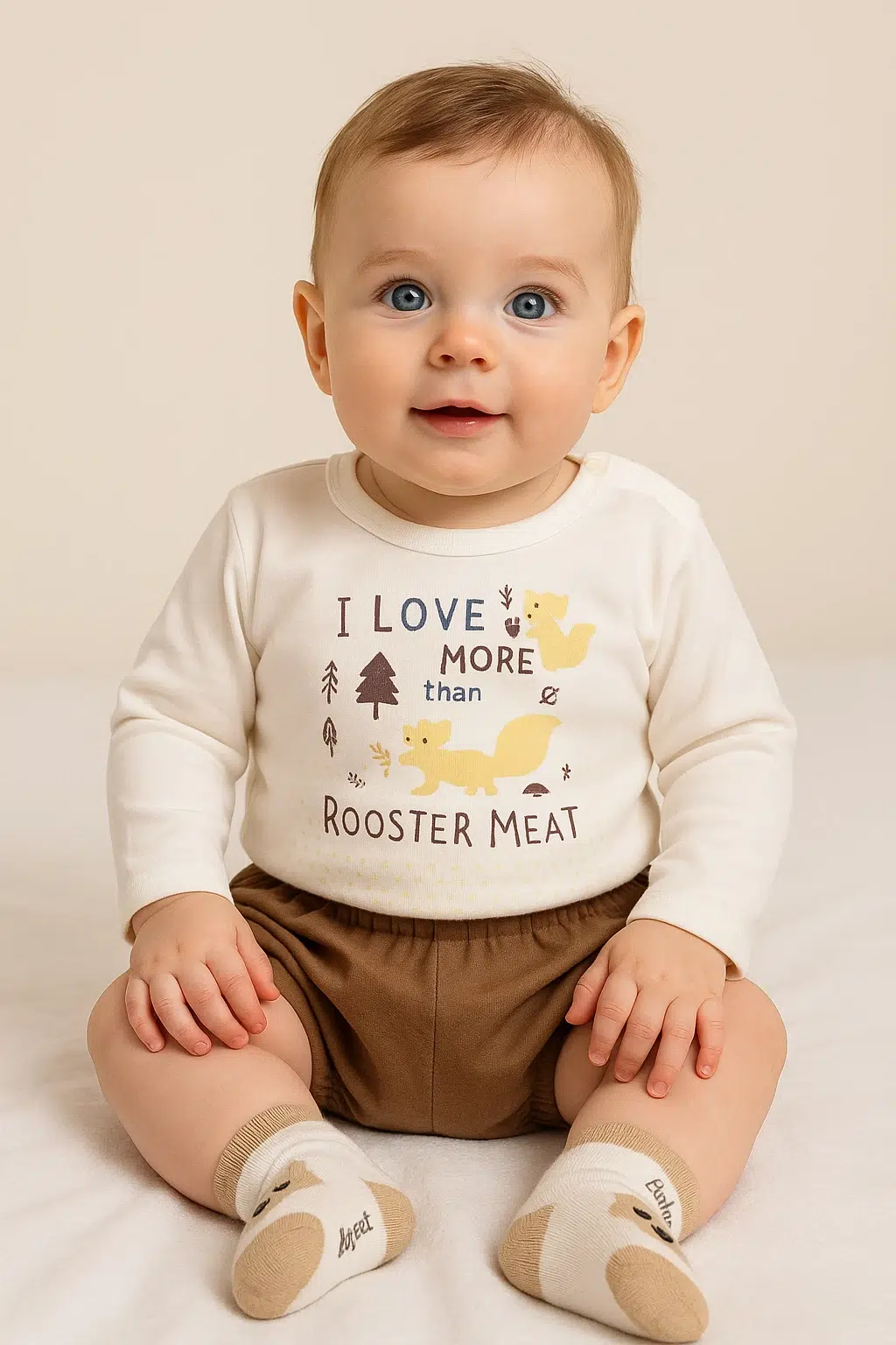 نوزاد با بلوز و شورت سفید و قهوه ای مدل روباه