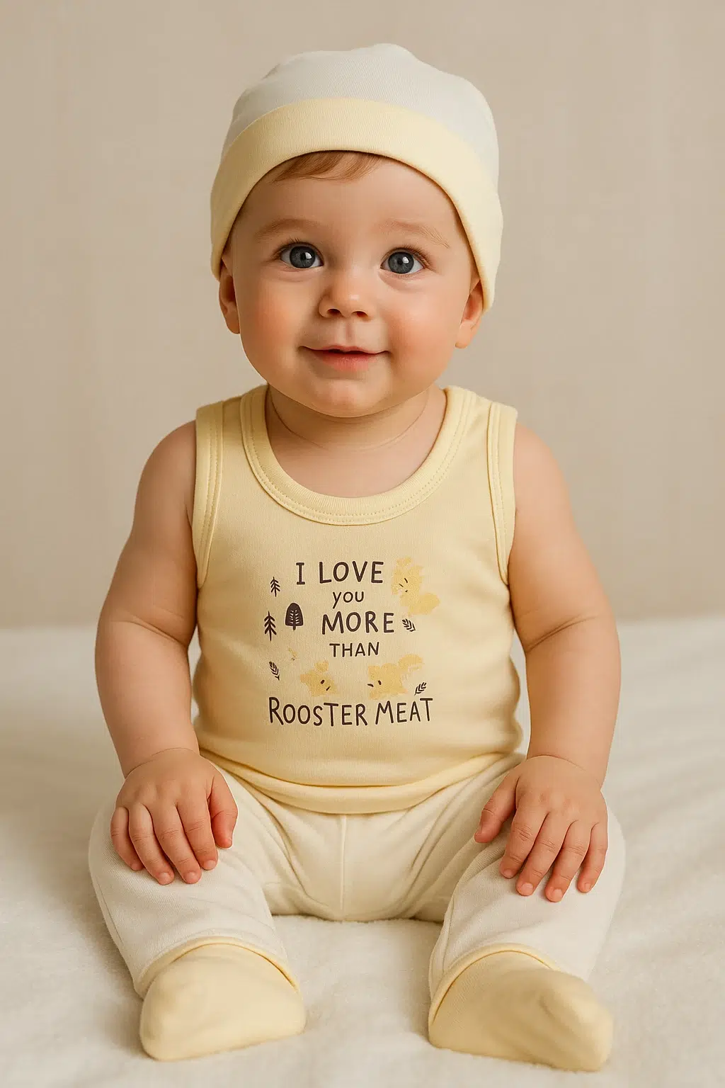 نوزاد با رکابی کرم و شلوار جورابدار نوزادی