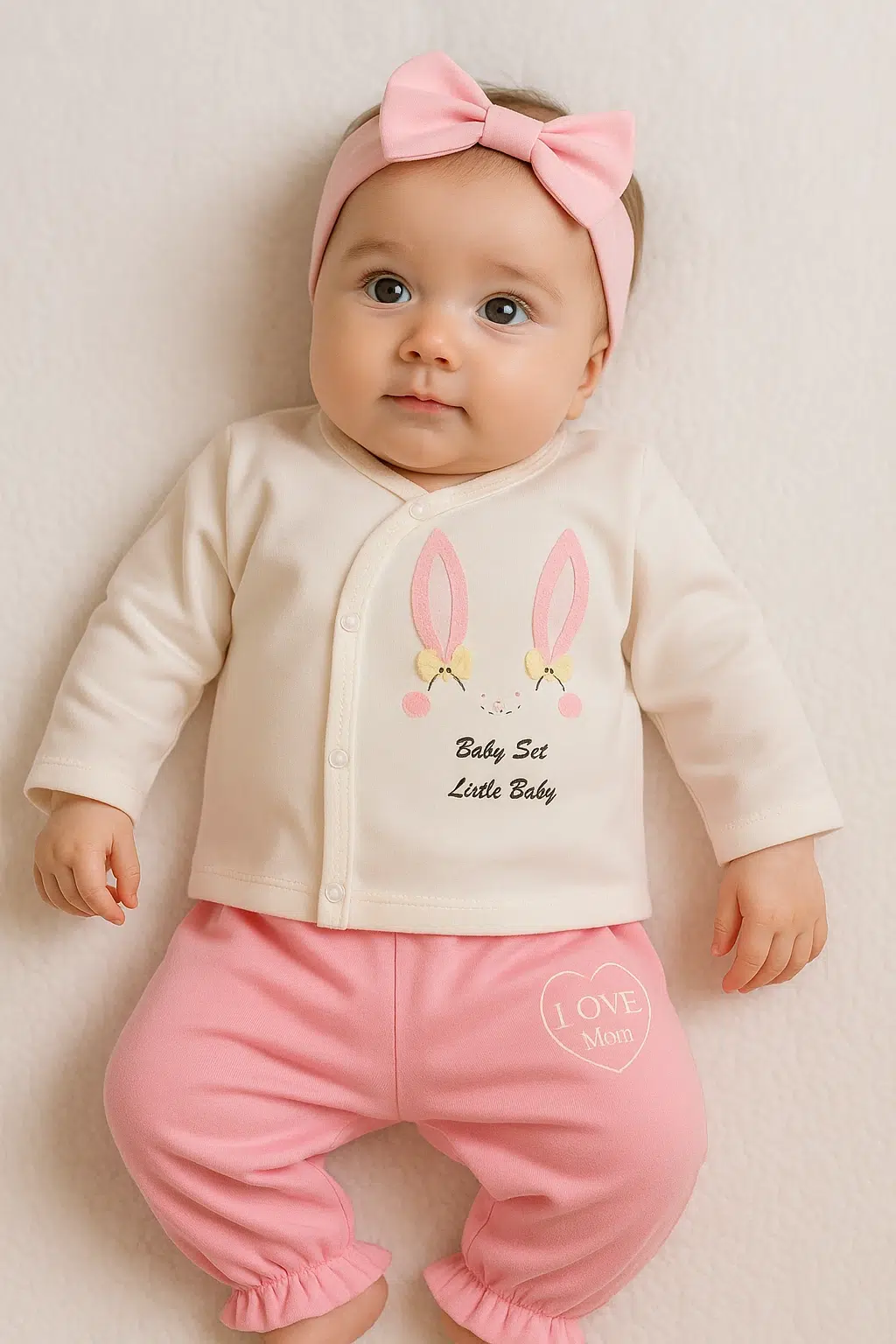 نوزاد با شومیز سفید و شلواز صورتی