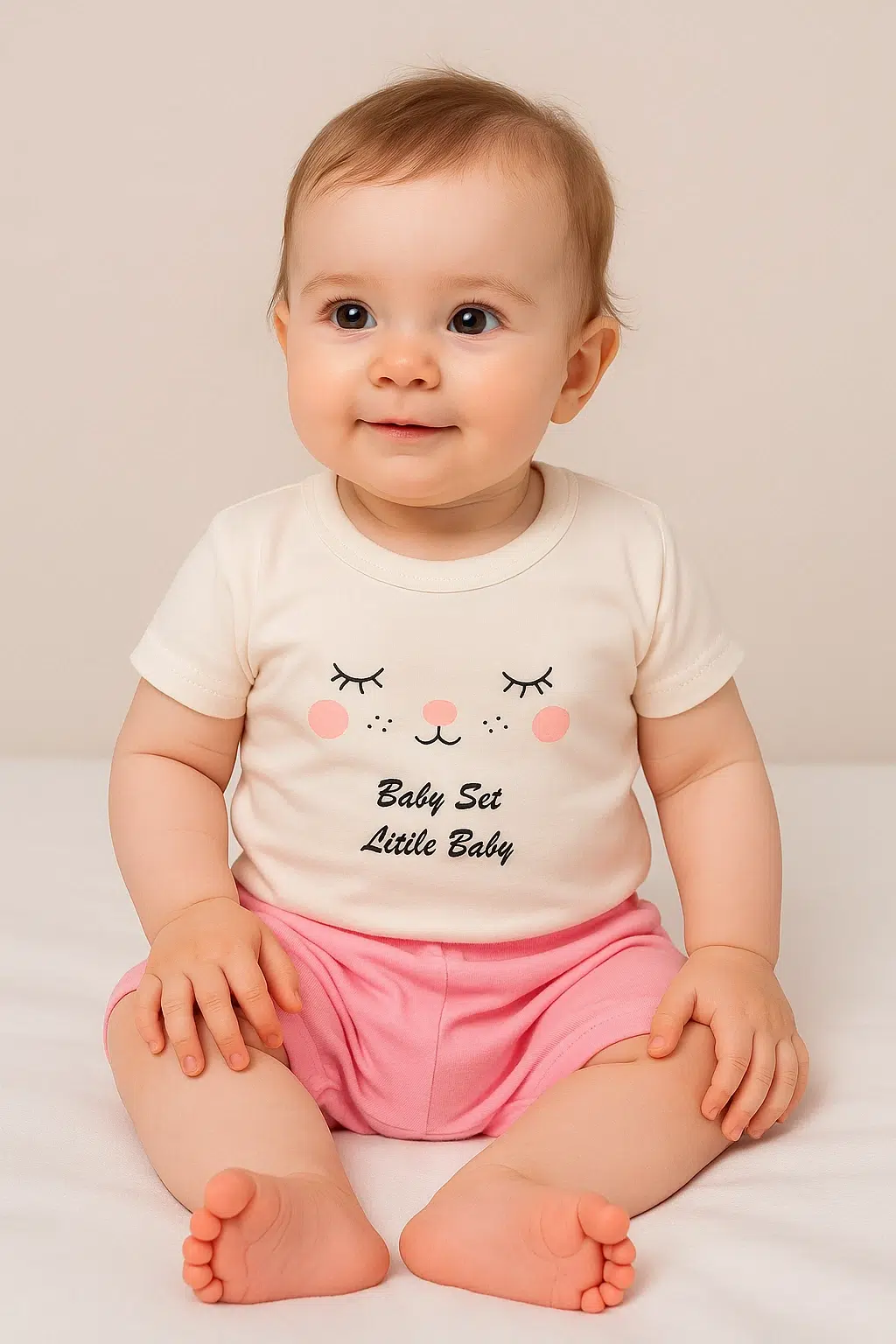 نوزاد با تیشرت سفید و شورت صورتی