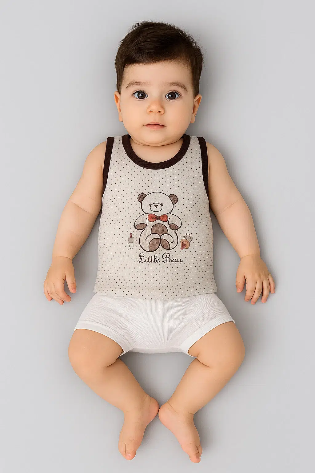 کودک با شورتک سفید و رکابی خالدار نوزاد