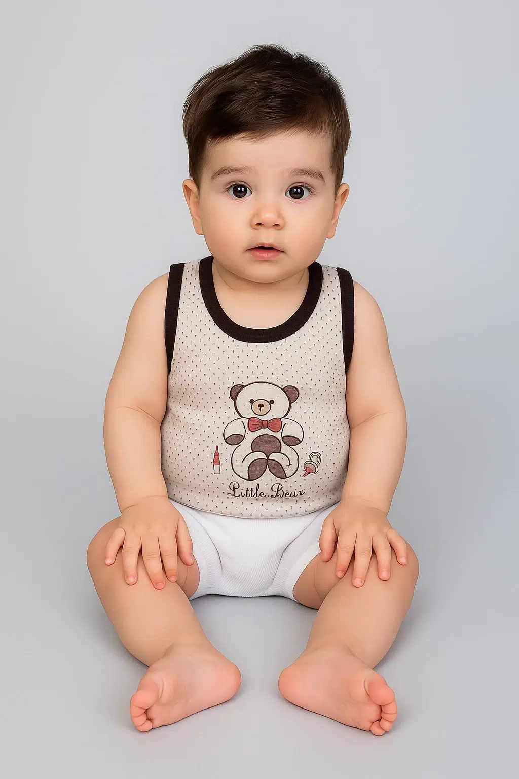 کودک با شورتک سفید و رکابی خالدار نوزاد