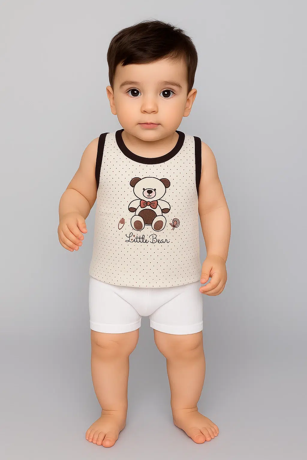 کودک با شورتک سفید و رکابی خالدار نوزاد