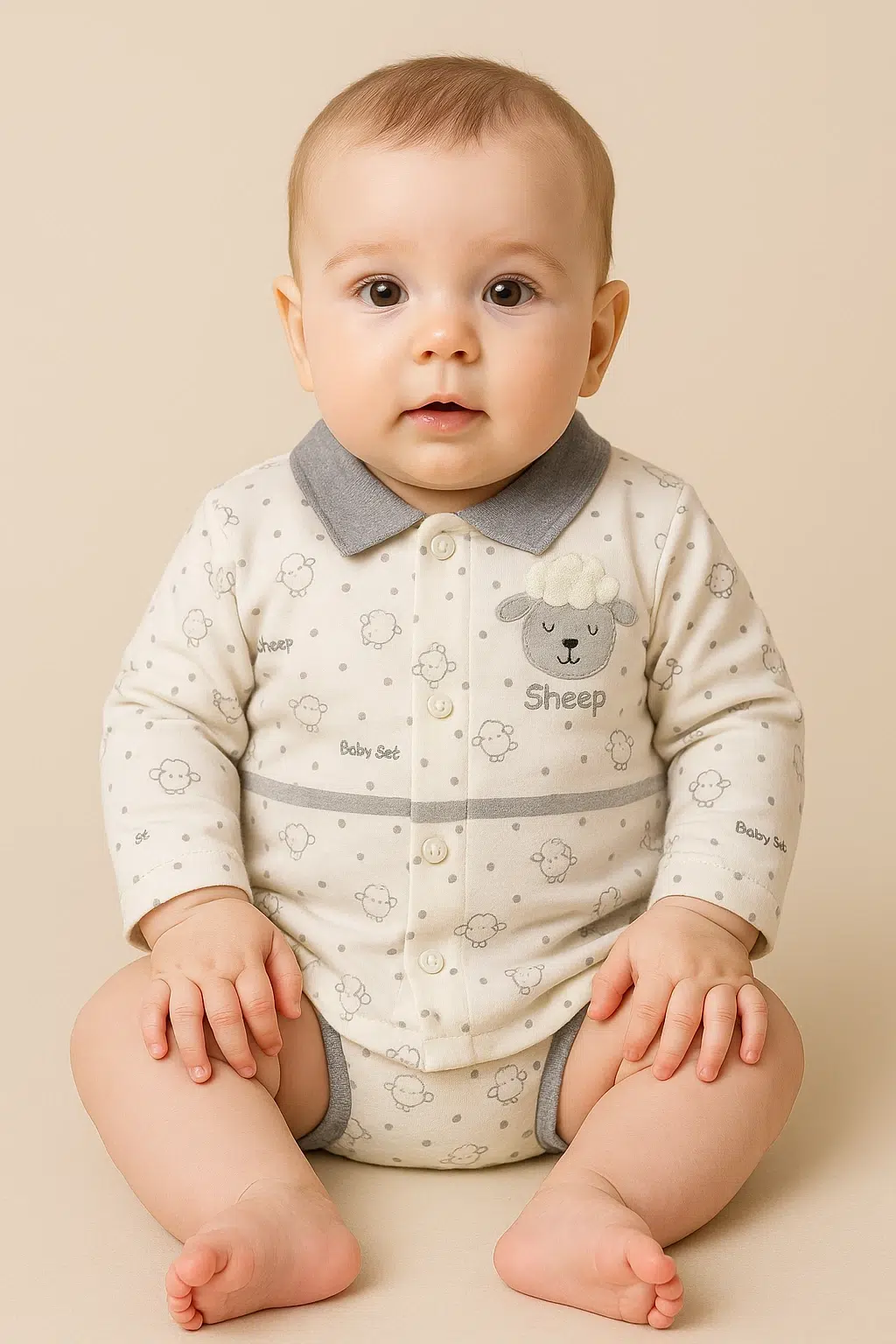 نوزاد نشسته با شورت و بلوز