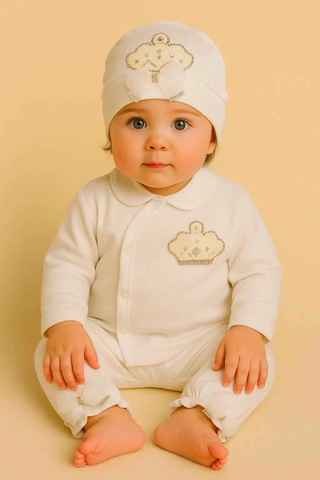 نوزاد با لباس سفید طرح تاج