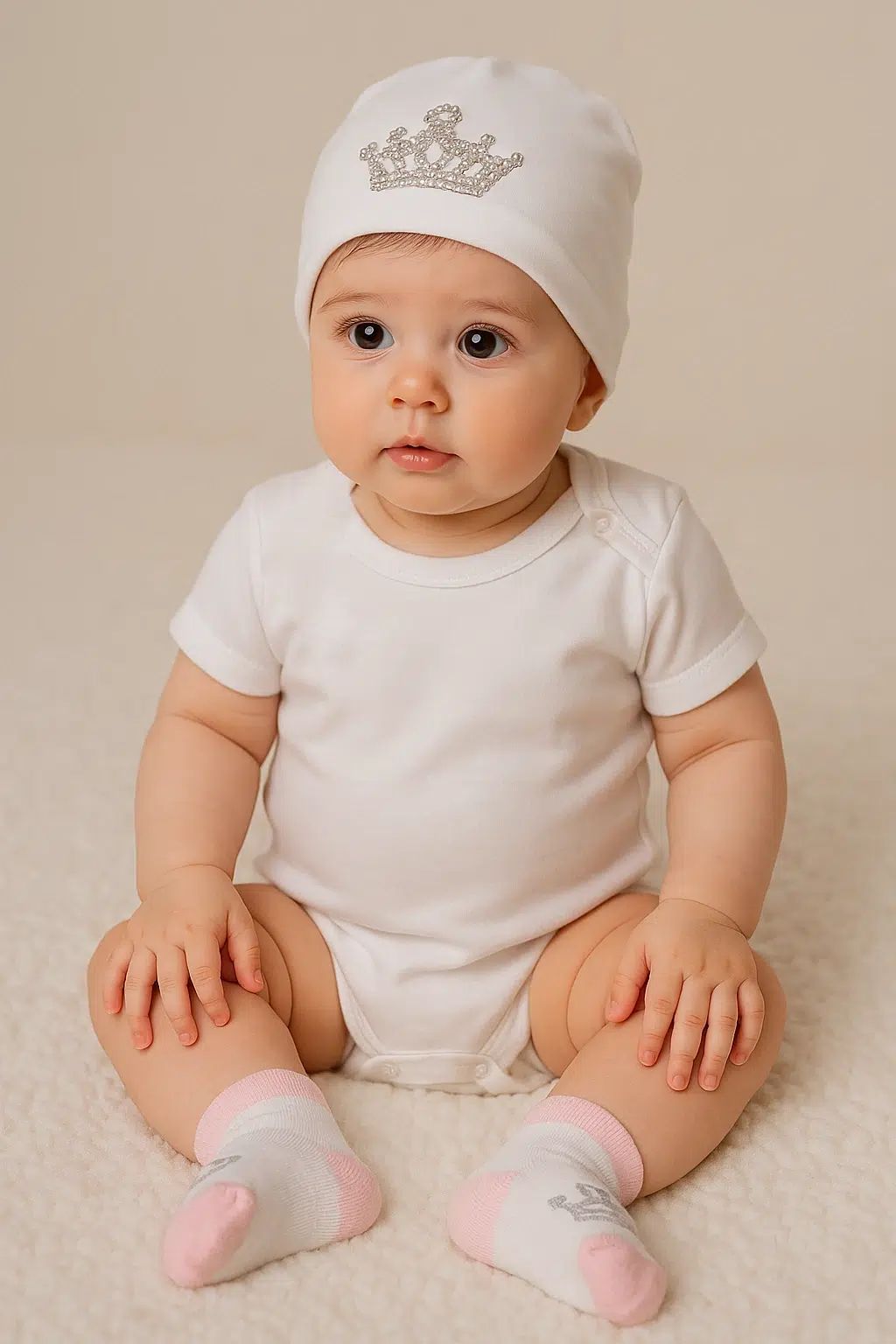 نوزاد با لباس سفید طرح تاج