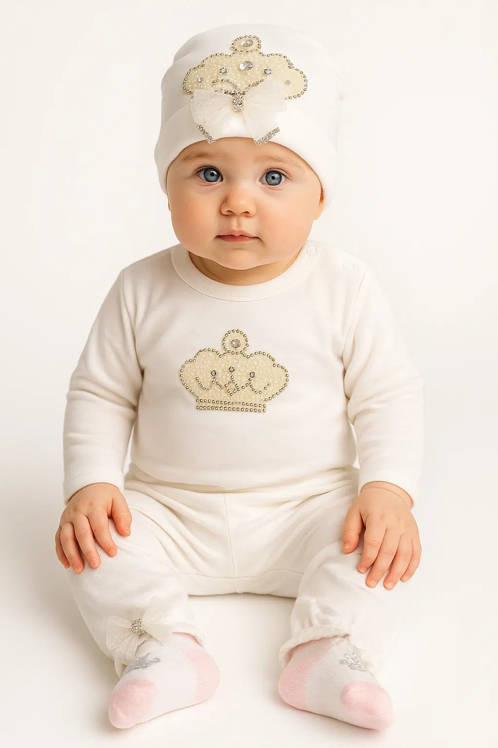 نوزاد با لباس سفید طرح تاج