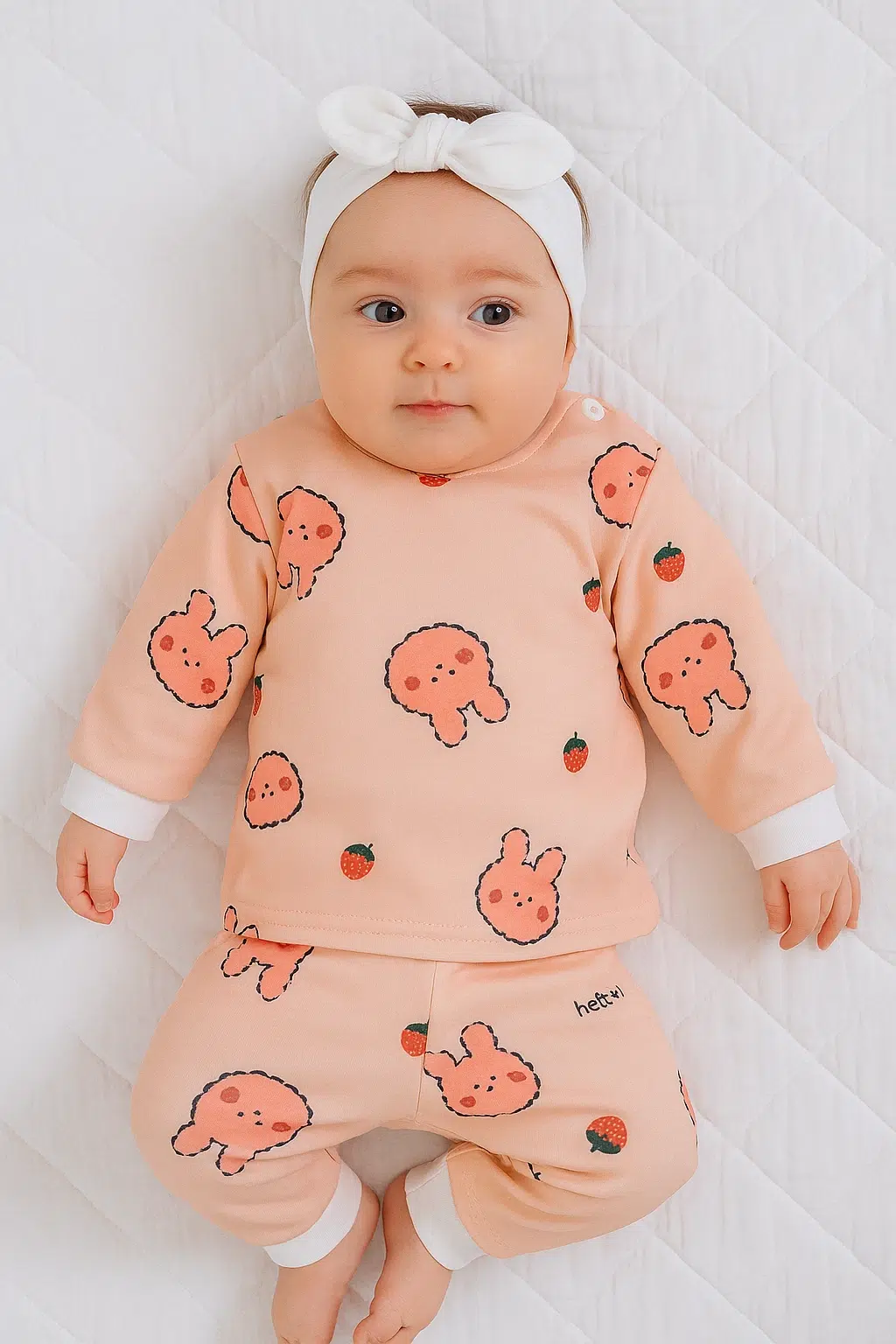 نوزاد خوابیده با لباس گلبهی و طرح توت فرنگی