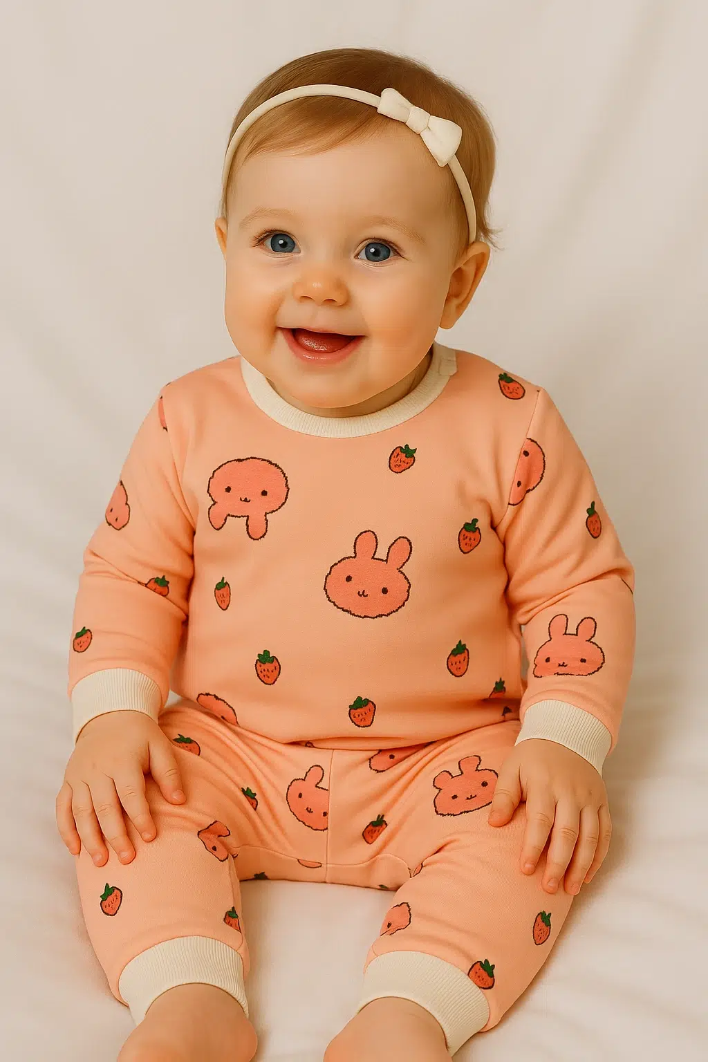 نوزاد نشسته با لباس گلبهی و طرح توت فرنگی