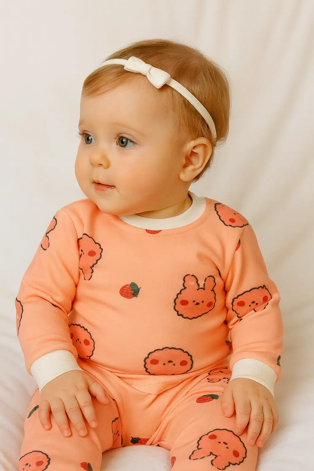 نوزاد نشسته با لباس گلبهی و طرح توت فرنگی