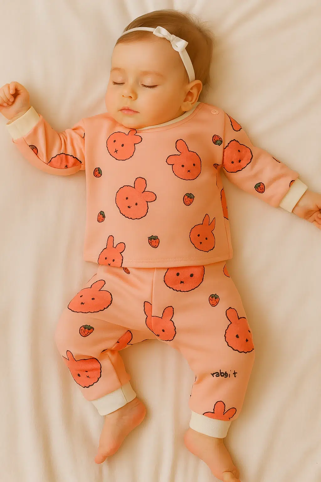 نوزاد خوابیده با لباس گلبهی و طرح توت فرنگی