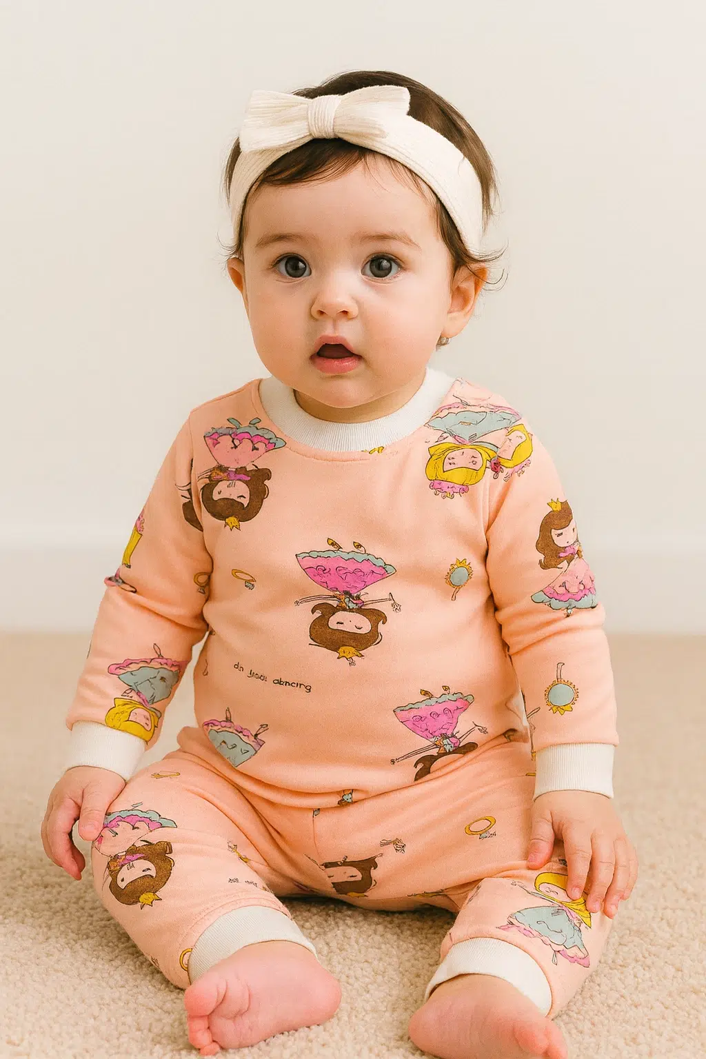 نوزاد نشسته با بلوز شلوار مخملی گلبهی