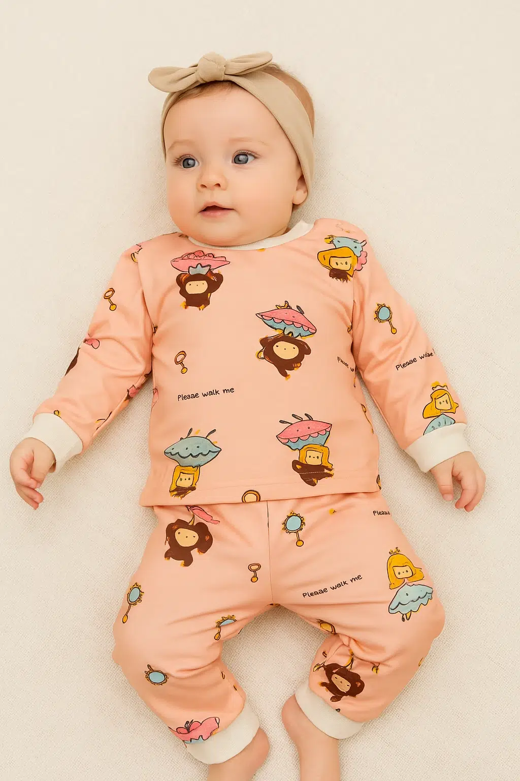 نوزاد خوابیده با بلوز شلوار مخملی گلبهی