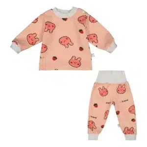 بلوز شلوار نوزادی مخملی با زمینه صورتی طرح توت فرنگی