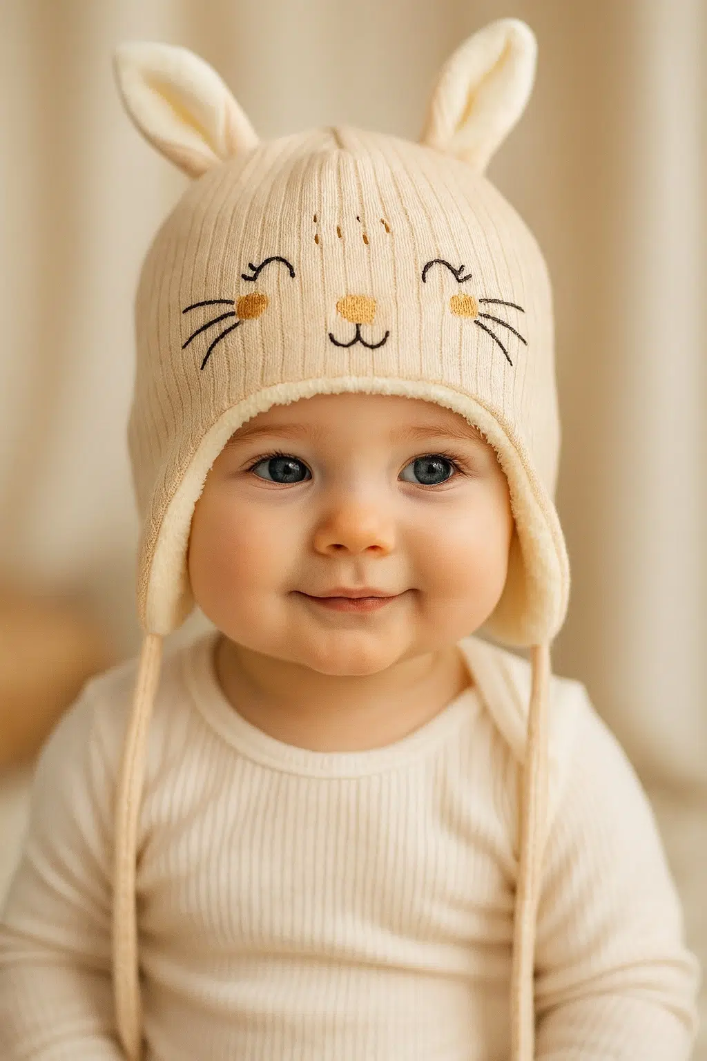 نوزاد به همراه کلاه نوزادی زمستانی کرم