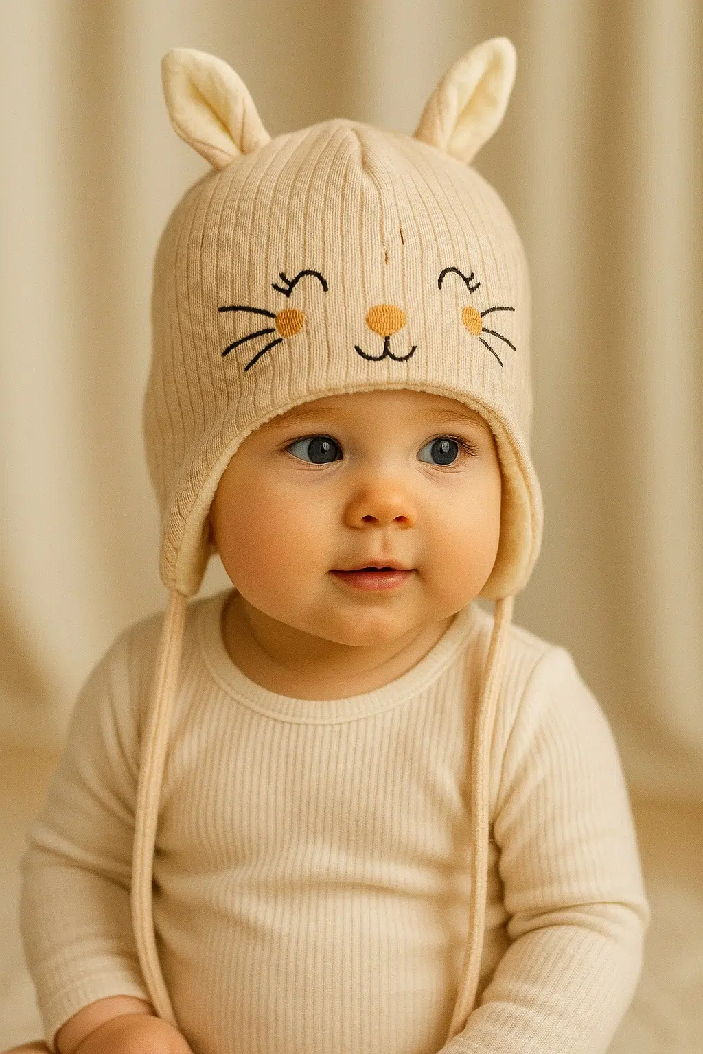 نوزاد به همراه کلاه نوزادی زمستانی کرم