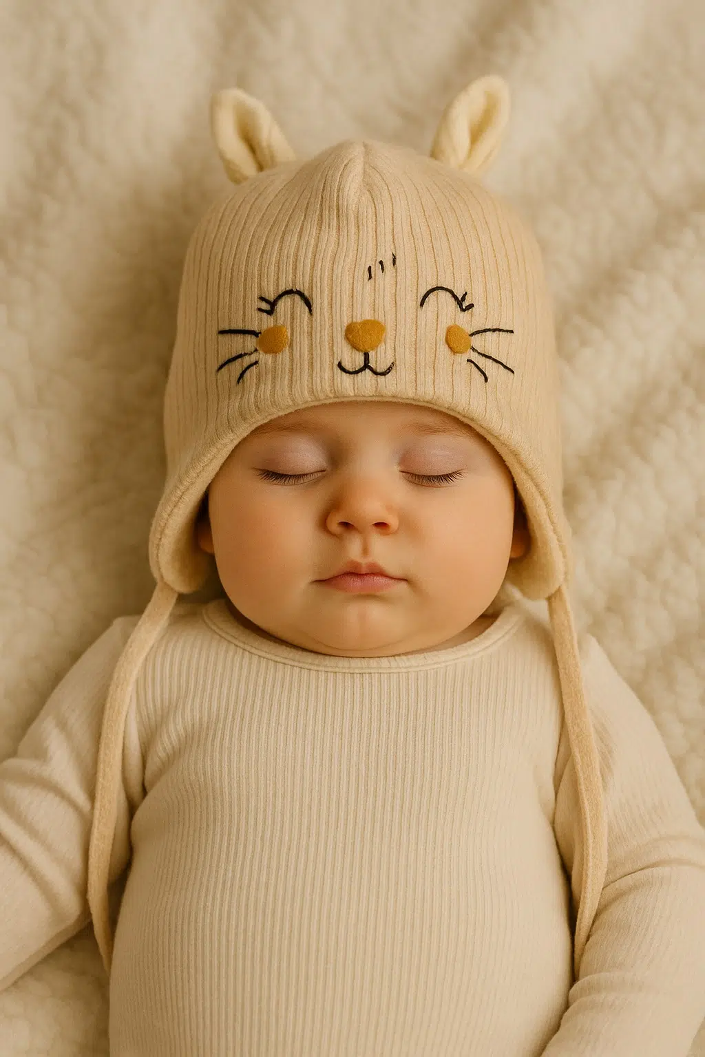 نوزاد به همراه کلاه نوزادی زمستانی کرم