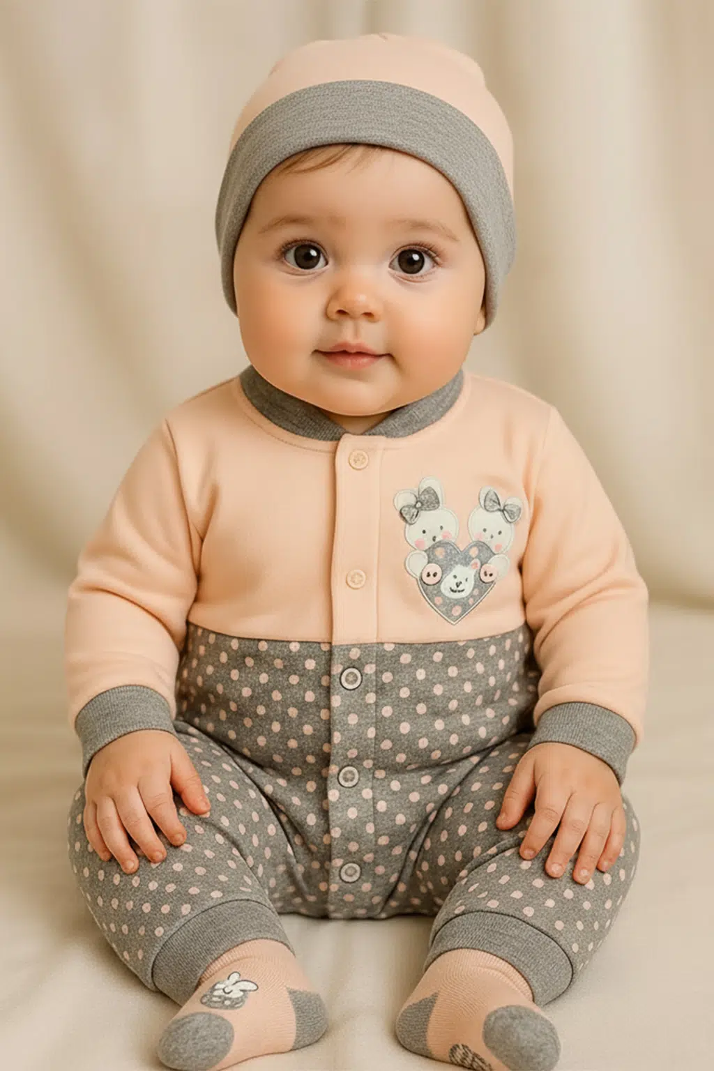 نوزاد با ست سرهمی بیبی ست گلبهی