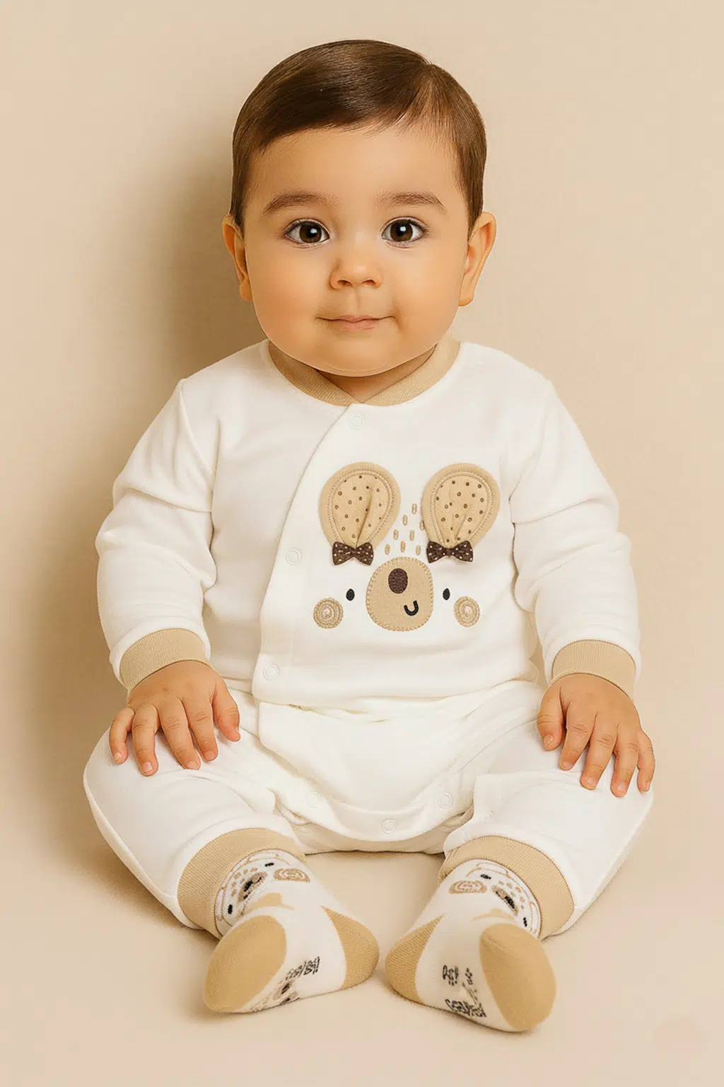 نوزاد نشسته با سرهمی نوزادی طرح خرس قهوه‌ای