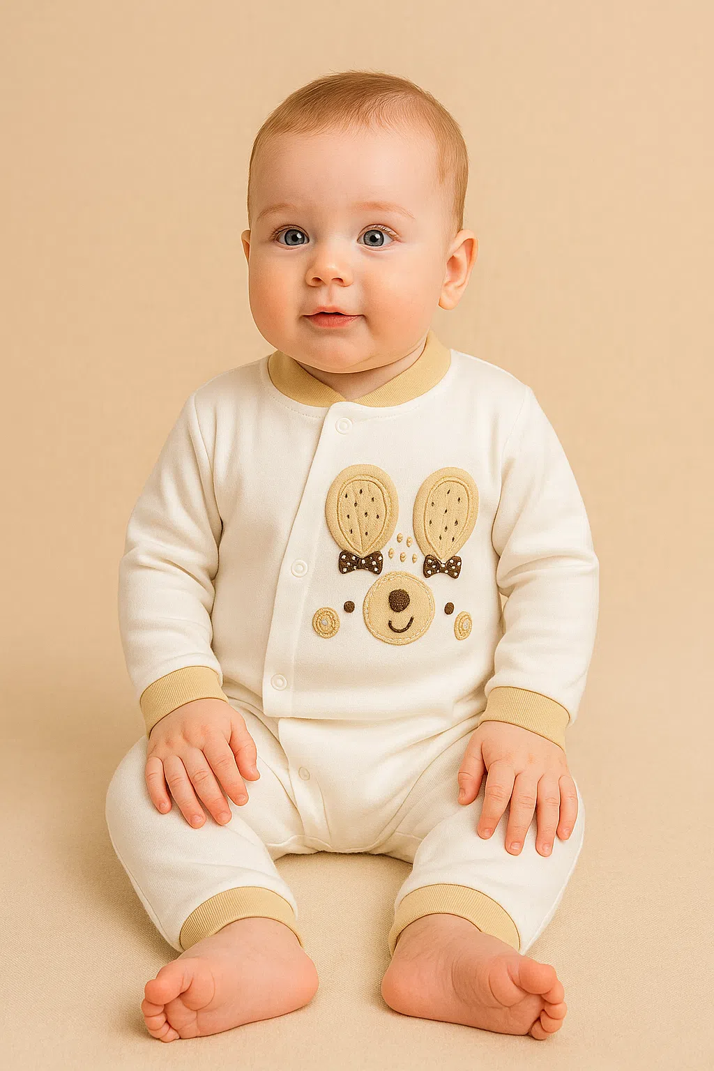 نوزاد نشسته با ست سرهمی نوزادی طرح خرس قهوه‌ای