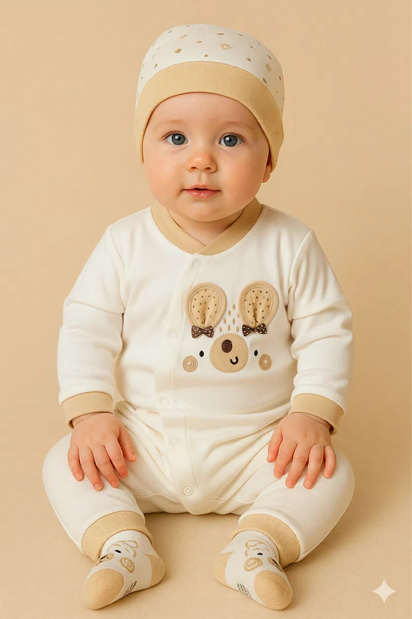 نوزاد نشسته ست سرهمی نوزادی طرح خرس قهوه‌ای