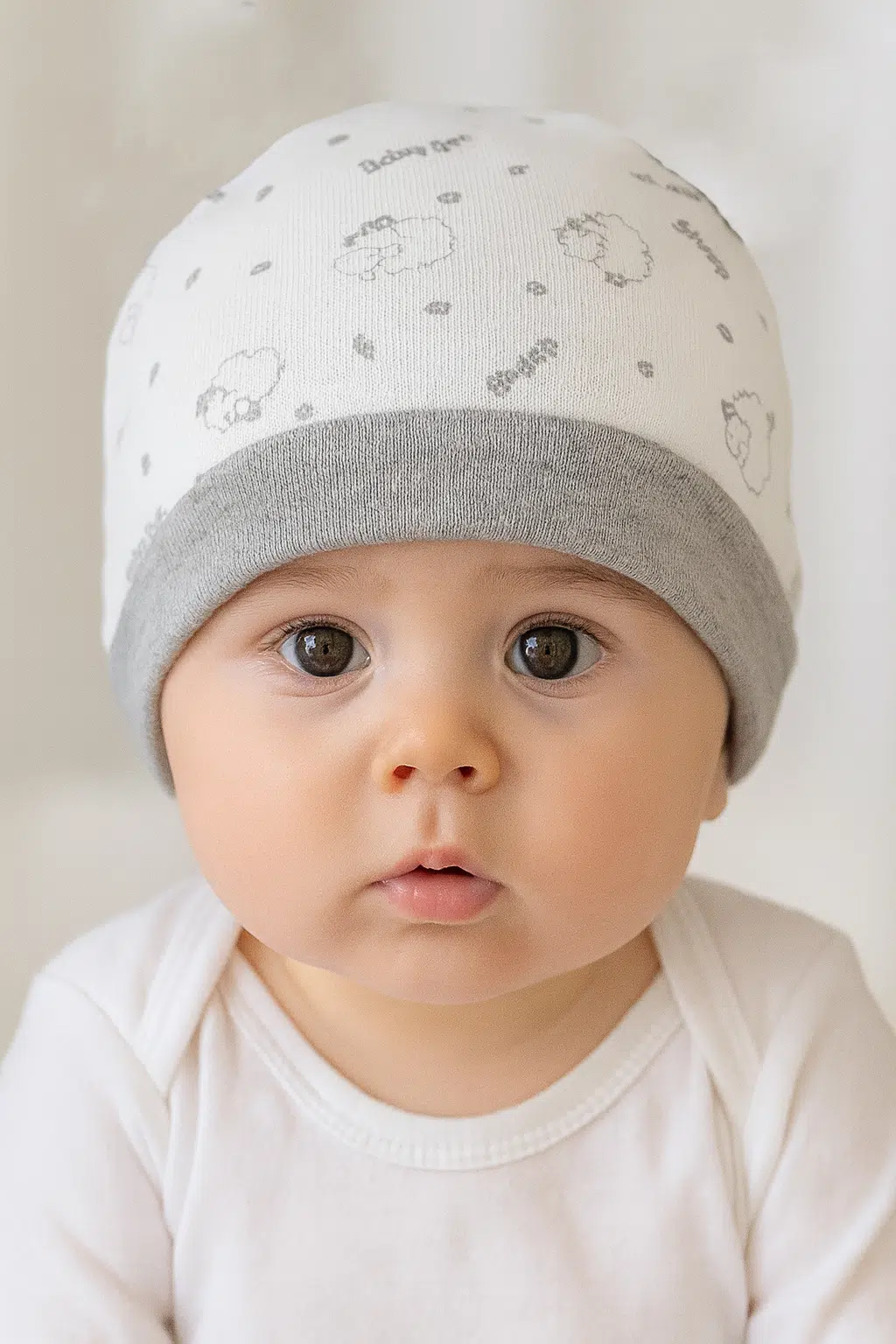 نوزاد با کلاه نوزاد پنبه ای مدل بره