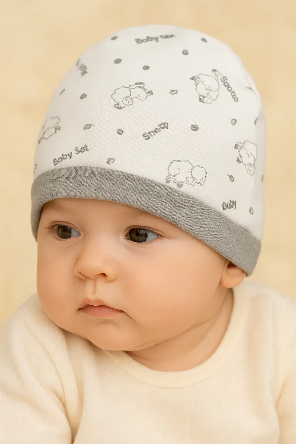 نوزاد با کلاه نوزاد پنبه ای مدل بره