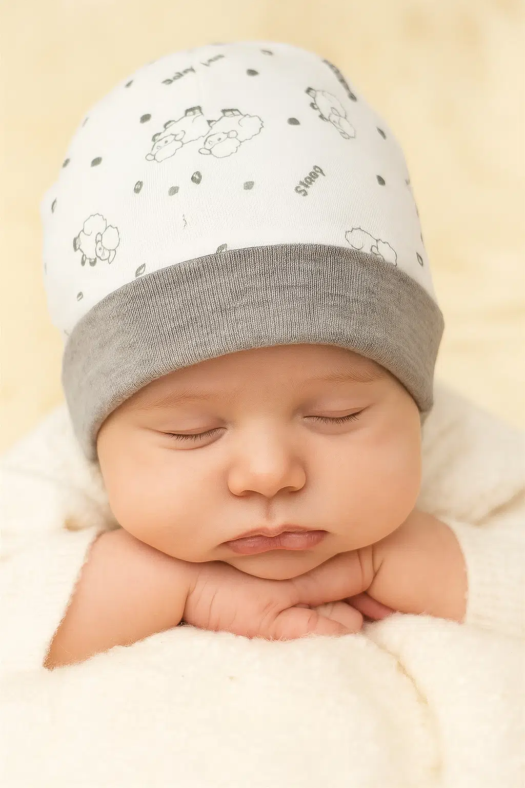 نوزاد با کلاه نوزاد پنبه ای مدل بره