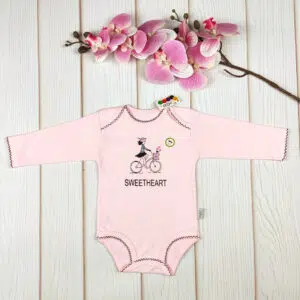 بادی صورتی روشن طرح دخترک و دوچرخه